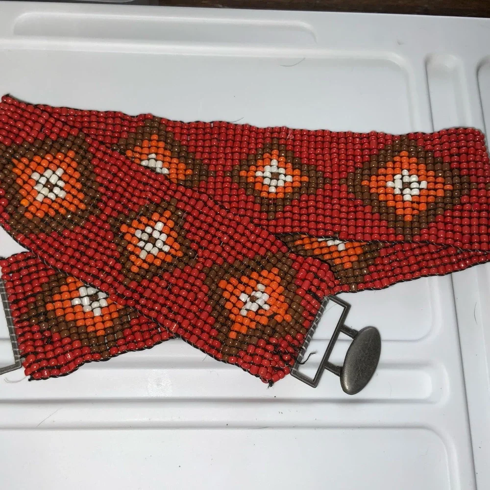 Vintage Orange & Red Beaded Southwestern Belt OS - Picture 2 of 5